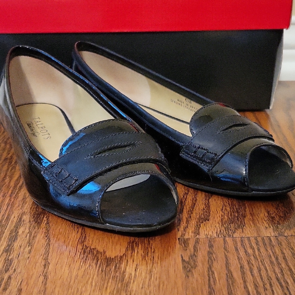Talbots Black Patent Leather Peep Toe Flats